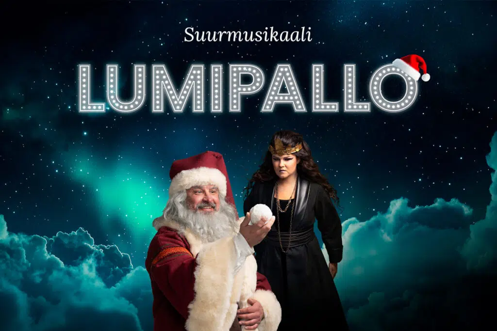 Samimatkat-valmismatkat-Lumipallo-joulumusikaali-Oulu-hallissa, kuvassa Saara Aalto ja Kristo Salminen.