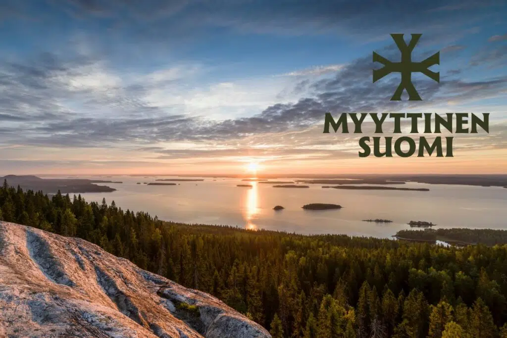 Samimatkat myyttinen Suomi kiertomatkat, auringonlasku kolilla sekä myyttinen Suomi logo